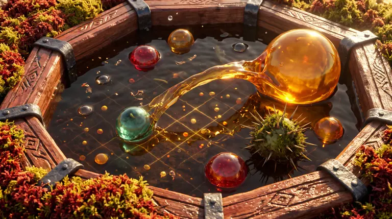 Translucent amber, crimson, and teal bio-spheres drifting in a sunlit bog-water basin as a large amber cell splits in two to catch a smaller teal sphere.