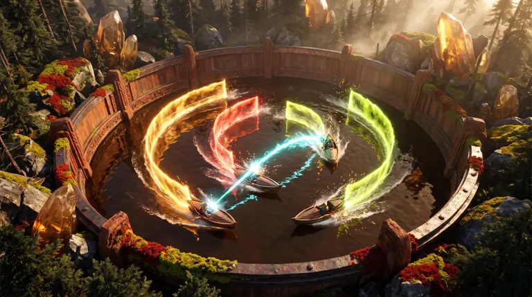 Three copper hydro-skiffs banking inside a circular water basin, carving intersecting walls of amber, crimson, and chartreuse light while firing power-ups.