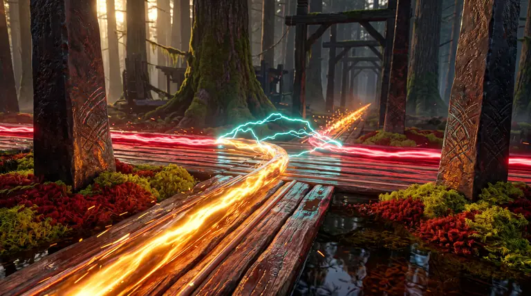 A molten amber energy line skimming beside a crimson rival line with turquoise sparks arcing between them before cutting sharply across the rival's path.