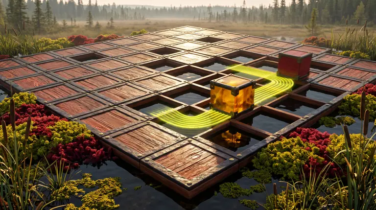 A polished amber-and-iron block drawing a right-angle trail across a square grid of floating bog tiles as a rival crimson block darts toward its exposed line.