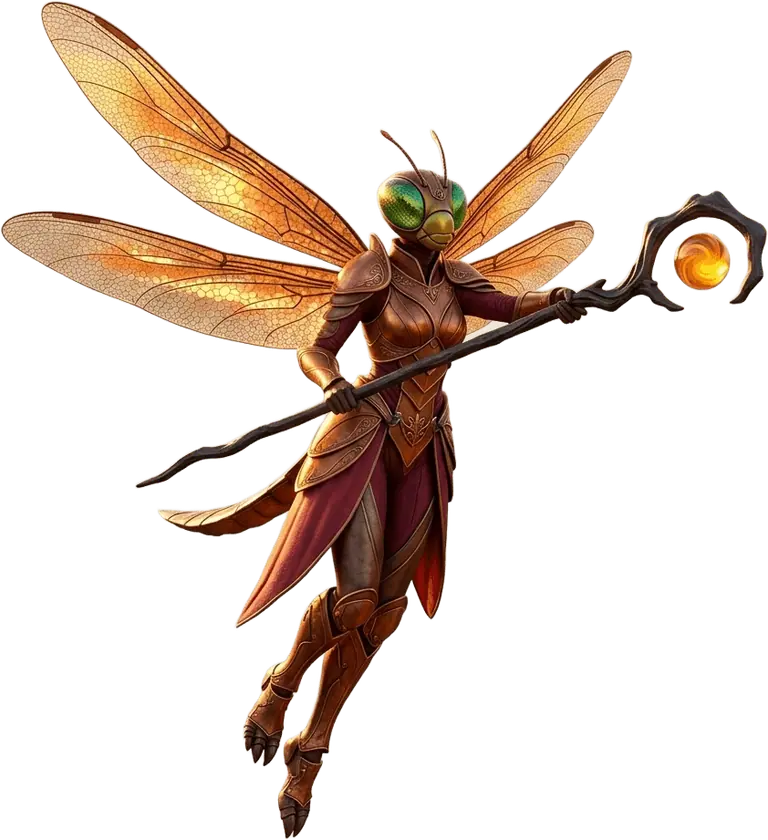Mazira Kestrel hovering with her four amber-stained-glass wings spread and her glowing nectar-orb trail-staff aimed forward.