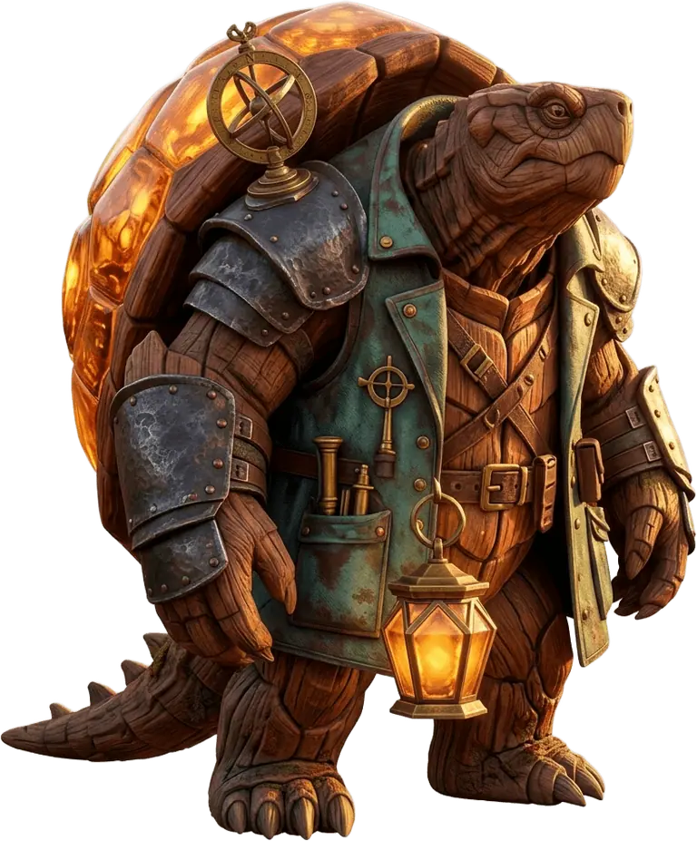 Warden Muskor Vael standing with a hexagonal brass-and-amber territory lantern.